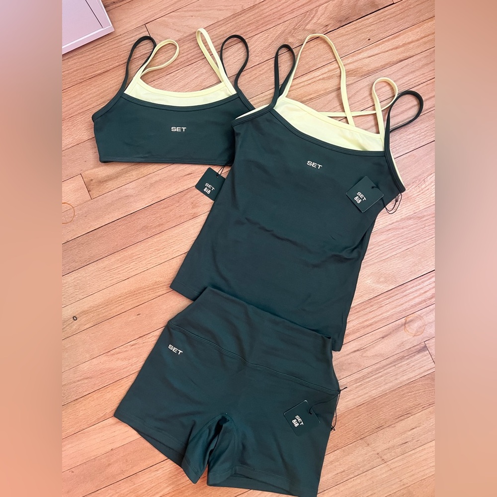 SET Active 818 Collab Tribute Tank, Cloud Bra, Cloud Short Set